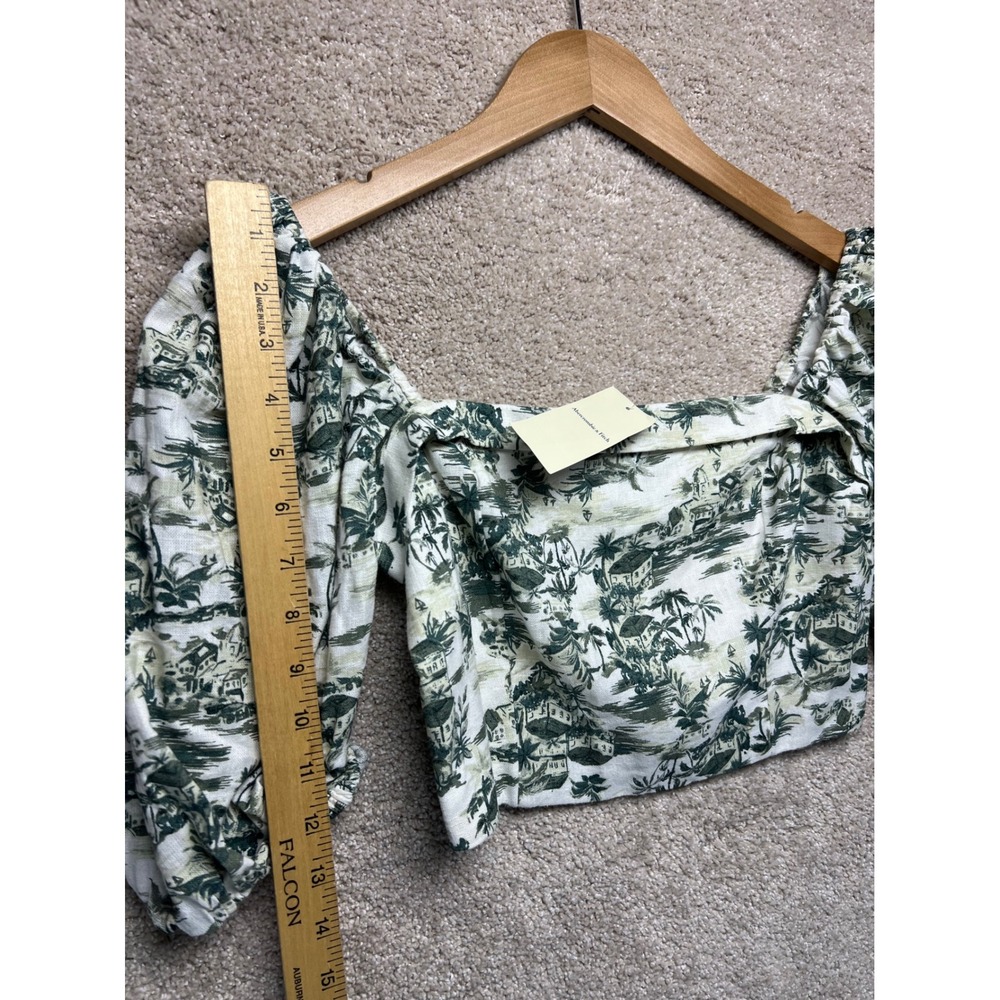 Abercrombie Fitch Smocked Square Neck Crop Top NWT Puff Sleeve Linen Tropical XS - Picture 6 of 10
